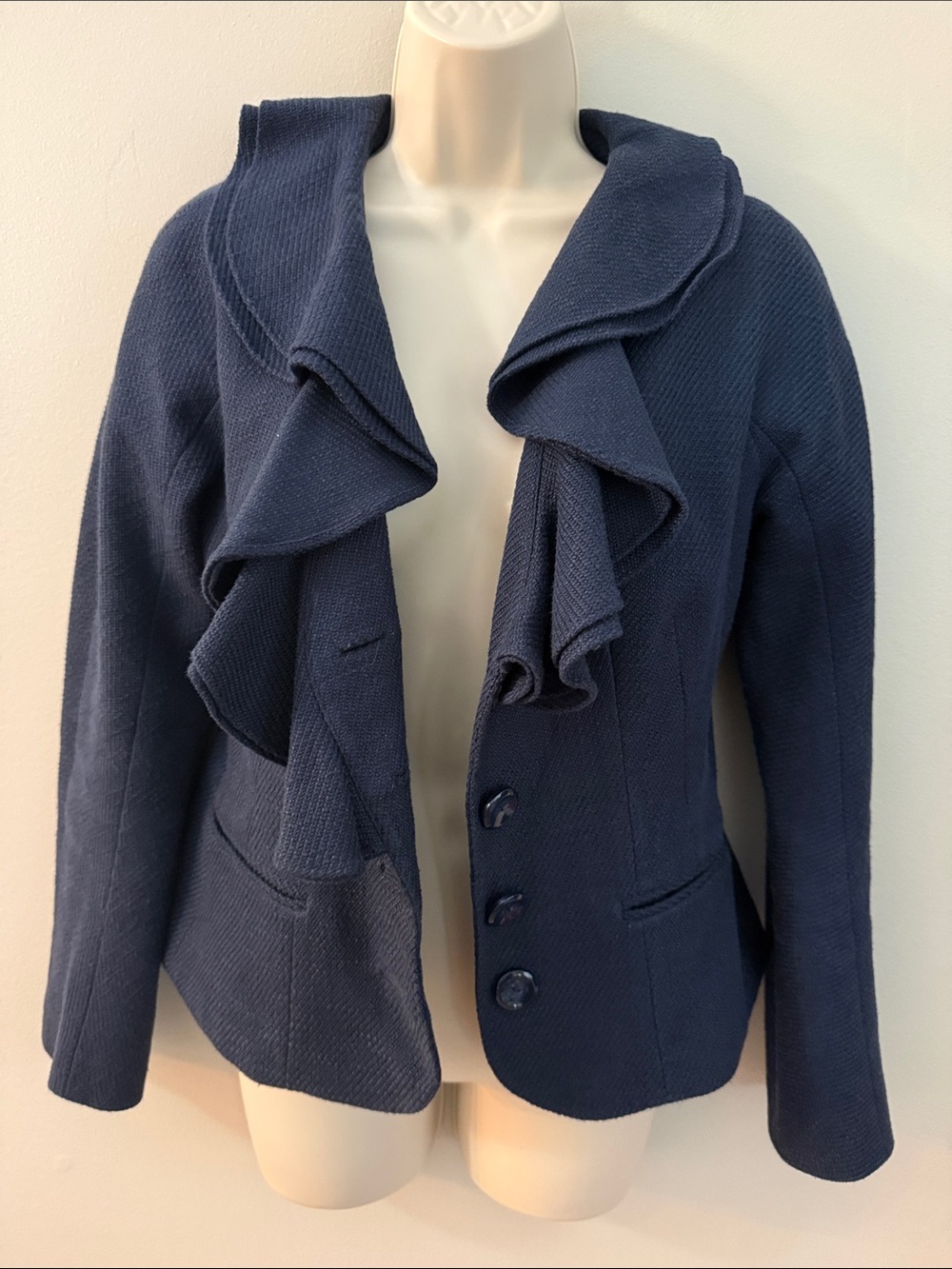 Magaschoni Navy Ruffle-Front Blazer